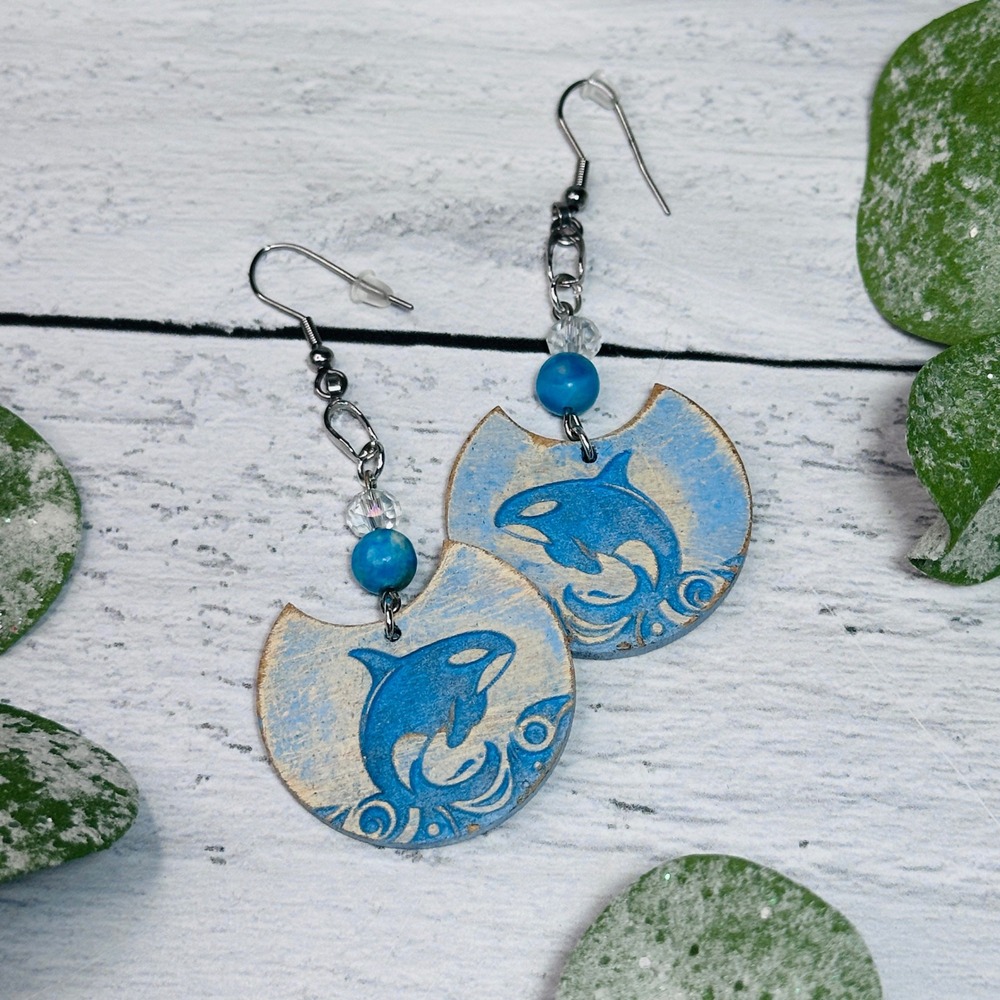 Orca Whale Ocean Wave Dangle Earrings Blue Wood Beach Coastal Handmade - Picture 6 of 7